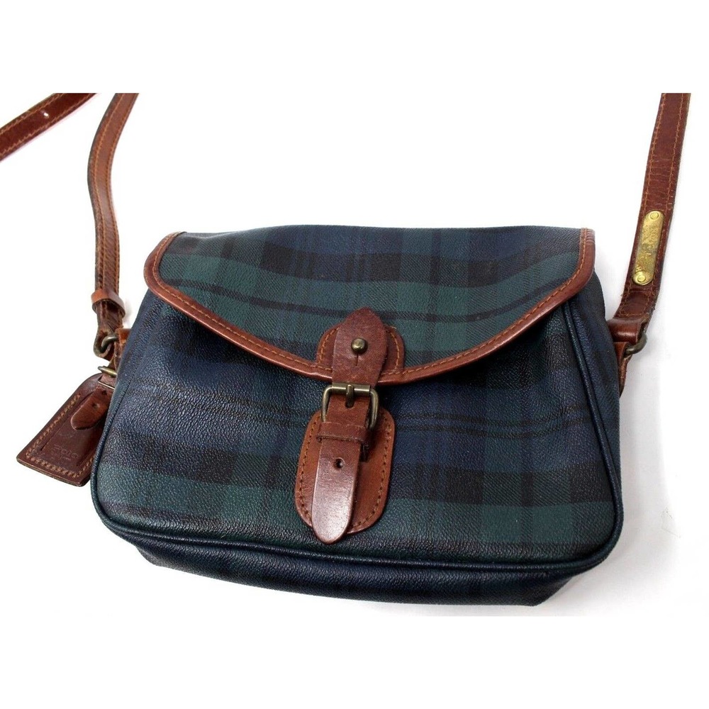 Polo Ralph Lauren Vtg Blackwatch Plaid Crossbody Bag Satchel Leather Canvas - Picture 2 of 9